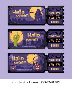 Halloween tickets set. International holiday of fear and horror. Creepy movies and series. Graves and pumpkin, graves at cemetery. Cartoon flat vector collection isolated on blue background