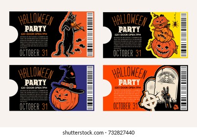 Halloween Tickets Template. Place for your text. Vector illustration with Halloween Vintage symbols. Great design for halloween party, menu or invitation.