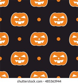 Halloween tile vector pattern with orange pumpkin and dots on black background