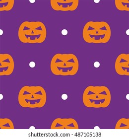 Halloween tile vector pattern with orange pumpkin and white polka dots on violet background
