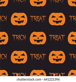 Halloween tile vector pattern with orange pumpkin and trick or treat on black background