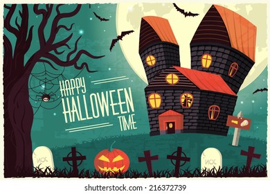 Halloween time background concept in retro style. Vector illustration design 