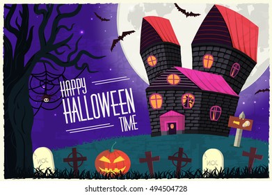 Halloween time background concept in retro style. Vector illustration design 