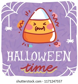 Halloween Time illustration with cute  candy corn character with eyes. Hand drawn art for Halloween party in cartoon style. Design for greeting card, decoration, poster, banner