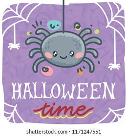 Halloween Time illustration with cute smiling spider character. Hand drawn art for Halloween party in cartoon style. Design for greeting card, decoration, poster, banner