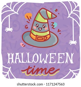 Halloween Time illustration with cute smiling witch hat character with eyes. Hand drawn art for Halloween party in cartoon style. Design for greeting card, decoration, poster, banner