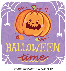 Halloween Time illustration with scary pumpkin character with eyes. Hand drawn art for Halloween party in cartoon style. Design for greeting card, decoration, poster, banner