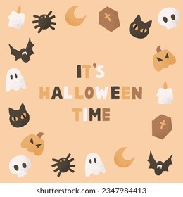 it's Halloween time square frame. Cute vector border with pumpkin, black cat, skull, ghost, coffin, bat, moon, spider and candle. Autumn composition for greeting cards, banners or posters.