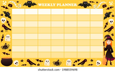 Halloween timetable for kids with colourful witch character and spooky elements - bats, ghosts, crows