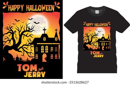 Halloween Tom and Jerry vector t-shirt Design. Halloween t-shirts design. Tom and Jerry t-shirt perfect for any Halloween party lovers. Halloween quotes unique t-shirts design ready for any print item