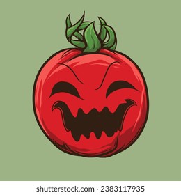 halloween tomatoes set with scary faces and green leaves