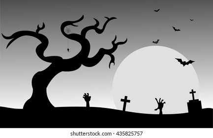 Halloween tomb and bat silhouette with gray backgrounds
