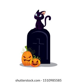 halloween tomb with cat and pumpkins