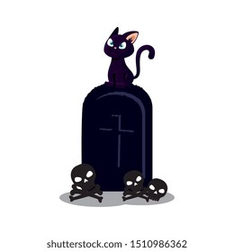 halloween tomb with cat and skulls