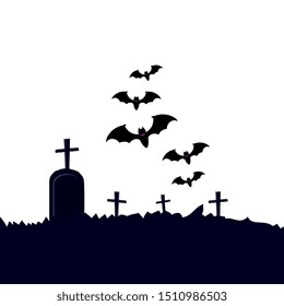 halloween tomb of cemetery with bats flying