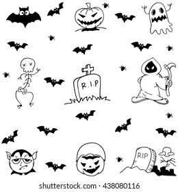Halloween tomb, evil and ghost doodle set vector