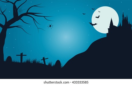 Halloween tomb with full moon with blue sky