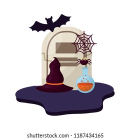 halloween tomb with hat of witch and set icons