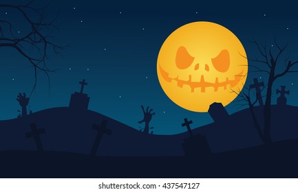 Halloween Tomb And Scary Moon Vector Illustration