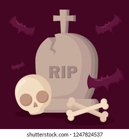 halloween tomb with skull and bats