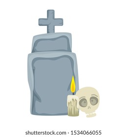 halloween tomb with skull and candle vector illustration design