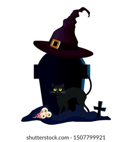 halloween tomb with witch hat and icons