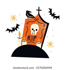 Halloween tombstone with bats. Cartoon scary illustration 90s style. Groovy hippie doodle illustration for October 31st