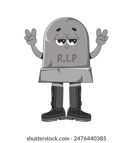 Halloween tombstone in boots. Cute character in trendy groovy style. Isolated vector illustration