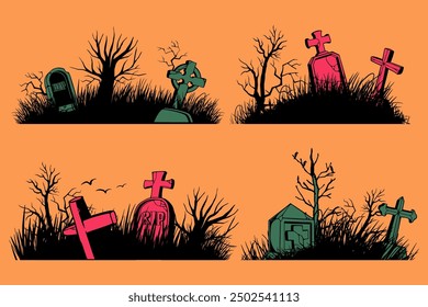 Halloween Tombstone. Cemetery crosses and gravestones icons. Set of gravestone silhouettes