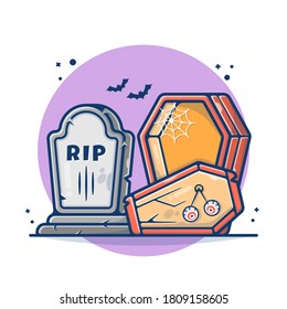 Halloween Tombstone and Coffin Vector Illustration. Bat, Eyes, and Stone Halloween Concept. Flat Cartoon Style Suitable for Sticker, Wallpaper, Icon, Landing Page, Web.