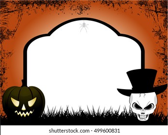 Halloween Tombstone Copy Space with Pumpkin and Skull with Hat Over Grunge Background
