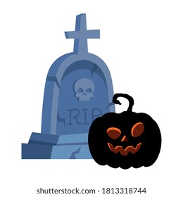 halloween tombstone with dark pumpkin in white background vector illustration design