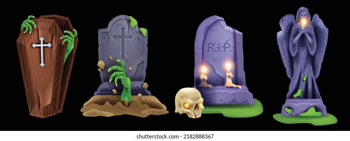 Halloween tombstone grave icon set, vector spooky cartoon graveyard illustration, wooden casket. Stone angel statue, skull, scary zombie hand, comic cemetery horror clipart. Tombstone grave monument