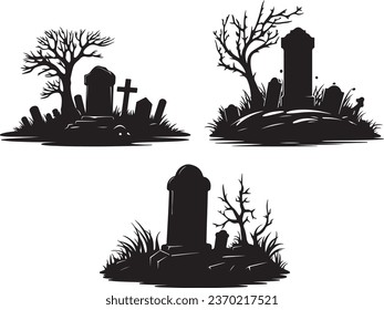 Halloween Tombstone, Gravestone und Headstone Symbole: Vektorsilhouettes von Grabsteinen. Denkmäler für den christlichen Friedhof, Graveygrabsteine und Grabbeerbeerdenkmal