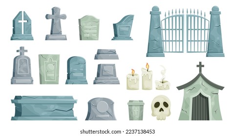 Halloween tombstone. Horror cemetery tombs. Grave shapes. Graveyard isolated elements. Gravestone and gate. Gothic rip and death signs. Candles and skull. Vector illustration garish set