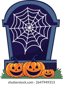 Lápide de Halloween com abóboras. Elemento de feriado assustador. Ilustração de vetor de estilo plano