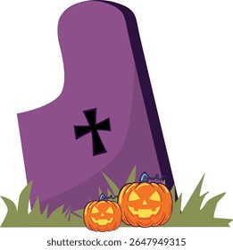Lápide de Halloween com abóboras. Elemento de feriado assustador. Ilustração de vetor de estilo plano