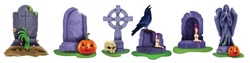 Halloween Tombstone Vector Set, Creepy Gravestone Cross, Spooky Cemetery Grave, Zombie Hand Crow. Angel Statue, Evil Pumpkin, Candle, Ancient Graveyard Monument Collection. Mystery Halloween Tombstone
