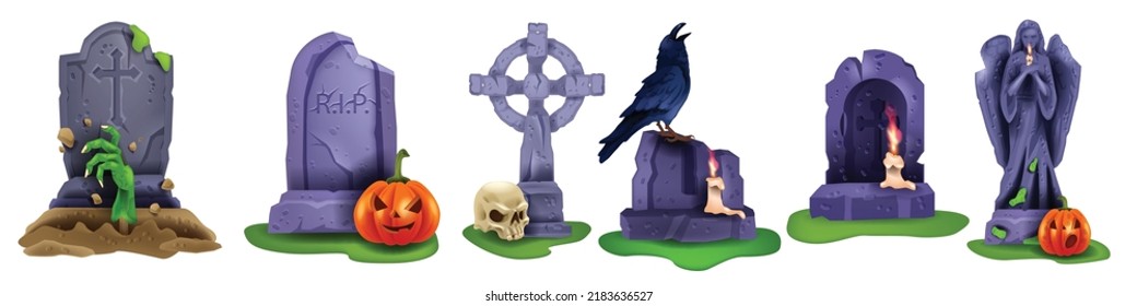 Halloween tombstone vector set, creepy gravestone cross, spooky cemetery grave, zombie hand crow. Angel statue, evil pumpkin, candle, ancient graveyard monument collection. Mystery Halloween tombstone svg