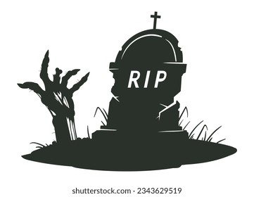 Halloween tombstone with zombie hand. Cartoon gravestone silhouette, monster scrawny arm sticking out of cemetery ground. Horror halloween gravestone flat vector illustration