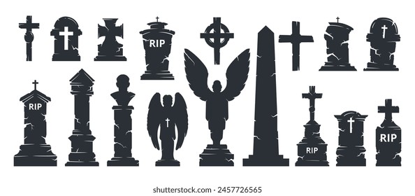 Halloween tombstones silhouettes. Cemetery creepy gravestones, crosses, obelisk and statues, horror halloween grave stones flat cartoon vector illustration set. Cartoon gravestones