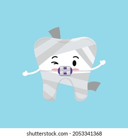 Halloween tooth in mummy costume isolated vector icon. Cute smilling tooth in carnival costume - dental character for dentist halloween card. Flat design cartoon kawaii style illustration.