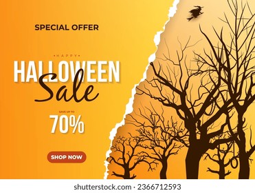 Halloween torn paper horizontal banner template for promotion with creepy dead trees