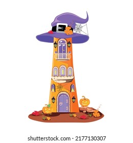 Halloween tower in cartoon style with a witch hat instead of a roof. Vector illustration to decorate a flyer, poster, invitation or social media ad for Halloween.