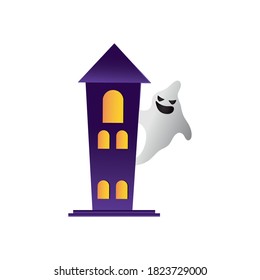 halloween tower and ghost icon over white background, colorful design, vector illustration