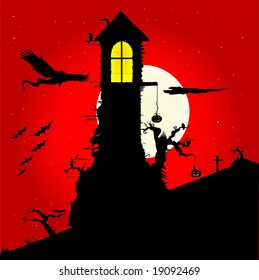 Torre de Halloween con cielo rojo