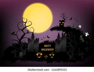 Halloween town background with pumpkin and full moon. Vector illustration