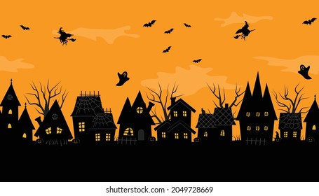 Halloween town. Creepy houses. Seamless border. Black silhouettes of houses and trees on an orange background. There are also bats, ghosts, witches, pumpkins and cat in the picture. Vector image