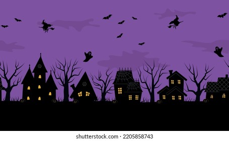 Halloween Town. Creepy Houses. Seamless Border. Black Silhouettes Of Houses And Trees On Purple Background. There Are Also Bats, Ghosts, Witches, Pumpkins In The Picture. Vector Image