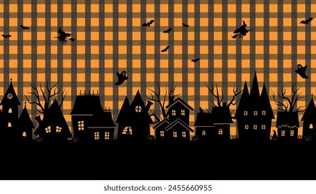 Halloween town. Creepy houses. Seamless border. Classic Halloween background. Black silhouettes of houses and trees on orange black checkered background. Bats, ghosts, witches, pumpkins, cat. Vector 